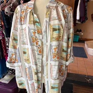 Long Sleeve Button-Down Shirt with Window and Orange Print 1X thumbnail 6