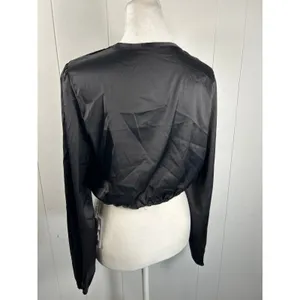 Commense NWT Black Satin Crop Blouse with Front Tie Night Out Minimalist Size S thumbnail 3