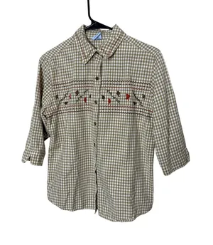 Cascade Blues Womens M Gingham Embroidered Button Up‎ Shirt 3/4 Sleeve Top thumbnail 1