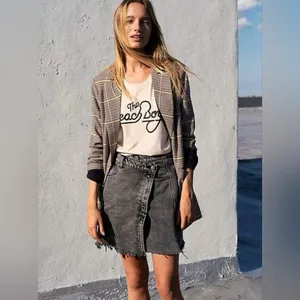 Free People We The Free Parker Wrap Mini Skirt Raw Hem Denim Black‎ Washed thumbnail 8