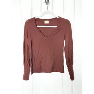 Nation LTD Womens Mahogany Brown Slub Cotton V-Neck Puff Sleeve Top Gold Snaps S thumbnail 3
