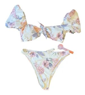 Cupshe XL Eden Floral Puff Sleeve Extra Cheeky High Waist Bikini Set NWT Swim thumbnail 1