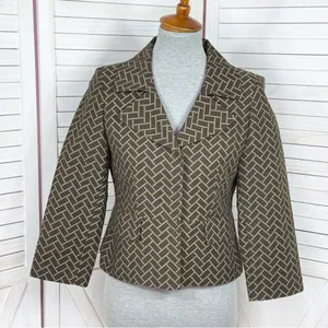 Ann Taylor Loft‎ Blazer Women 2 Brown Herringbone Tile Geometric Print Jacket thumbnail 2