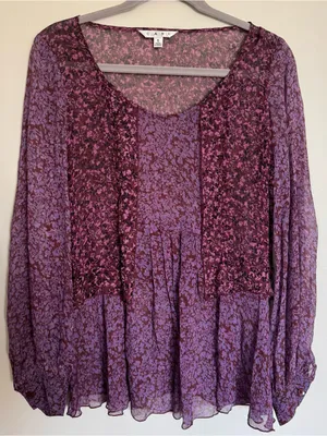 Cabi Silk Sonnet Blouse Purple Mangenta Long Sleeve Sheer Floral Boho Size S thumbnail 1
