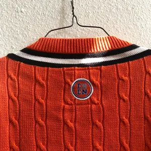 Oklahoma State University OSU Preppy Cable Knit Chunky V-Neck Sweater Collegiate Long Sleeve Orange White Sz L Measurement in pics thumbnail 4