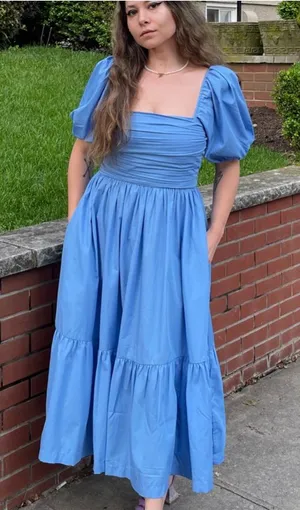 Abercrombie & Fitch Emerson Ruched Puff Sleeve Poplin Midi Dress Blue XS thumbnail 1