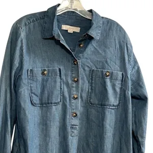 Ann Taylor LOFT Women's M Blue Denim Long Sleeve Tunic‎ Dress Short Side Pockets thumbnail 4