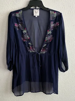 Anthropologie Saivana Silk Beaded Sheer Embroidered V-Neck Peasant Navy Blouse M thumbnail 3