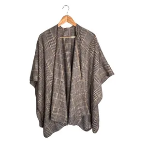 Beige Checkered Shawl 6 Feet Wide Viscose Beige Brown Yellow Retro Preppy thumbnail 5