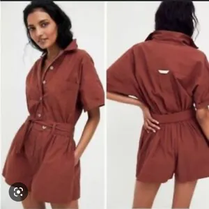 Free People Medium Brown‎ Rust No Plans Shorts Romper Belted Waist One Piece thumbnail 2