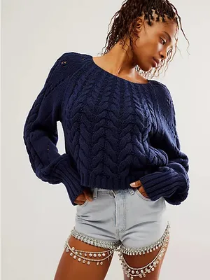 Free People Cable Stitch Pullover Sweater in Blue Sz M thumbnail 1