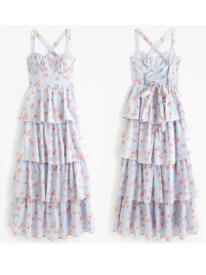 Abercrombie and Fitch Tiered Maxi Dress Lace Up Blue Floral Medium TALL thumbnail 4