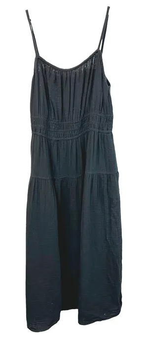 Old Navy Large Midi‎ Dress Black Cotton Gauze Smocked Tiered Pockets Witchy 1175 thumbnail 1