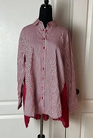 Laurie Felt Los Angeles Red Stripe Pleated Button Up Blouse Preppy Nautical thumbnail 1