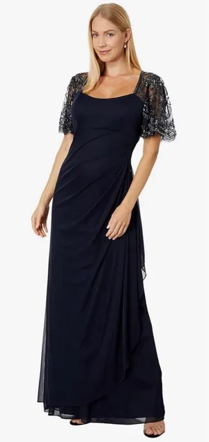Xscape Long Sheer Matte Jersey Ruched 3/4 Bead Sleeve‎ Navy 5059X Size 6 thumbnail 1