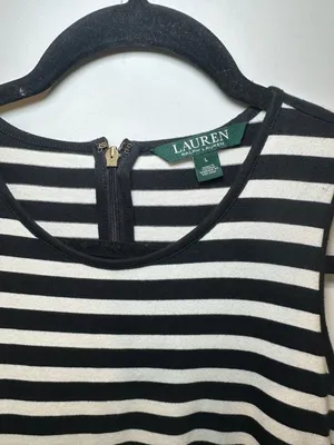 100% Cotton Ralph Lauren Women's Striped Asymmetrical Flounce Dress Blue White L thumbnail 2