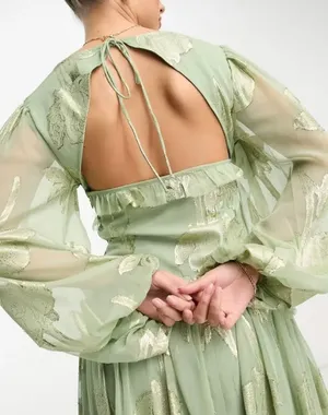 ASOS Foil Floral Long Sleeve Maxi Dress Design Green Mint 0 thumbnail 3