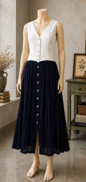 Kamisato Vintage Maxi Dress Linen Navy Pleated Button Front Size 8 thumbnail 1