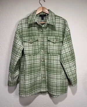 Forever 21 Green & White Tweed Houndstooth Shacket Pearl Buttons Medium thumbnail 1
