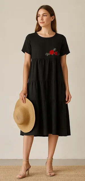 Belongyun Linen Midi Dress Embroidered Floral Tiered Short‎ Sleeve Black Casual thumbnail 1