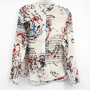 ZARA Womens Abstract Face Graffiti Print Artsy Viscose Button Down Shirt Size L thumbnail 1