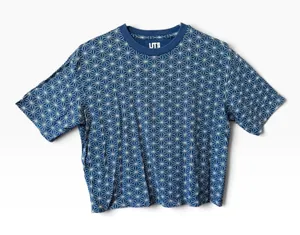 Uniqlo UT MFA Boston Geometric Asanoha Print T-Shirt XS Blue White Boxy Tee thumbnail 1