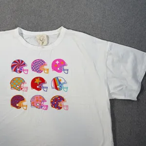 Fantastic Fawn Women Large White Football Helmets Graphic T-Shirt Boxy Colorful thumbnail 2