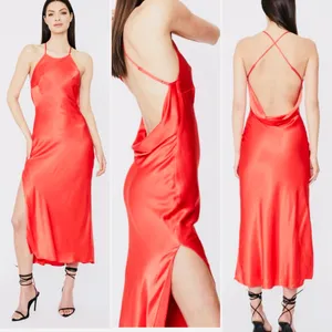 Bardot Mila High Jewel Neck Cowl Back Satin Slip Dress in Fire Red Size‎ 2 thumbnail 6