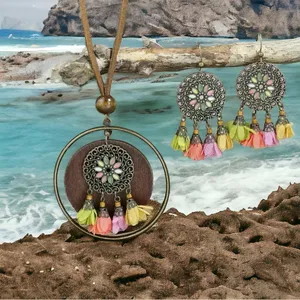 Boho Zinc Alloy Wood Retro Flower Design Tribal‎ Necklace & Earrings Set thumbnail 9