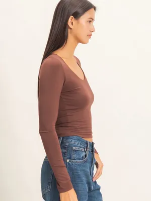 NEW 🤎 Double Zero Chocolate Brown Scoop Neck Long Sleeve Tee – Medium thumbnail 5