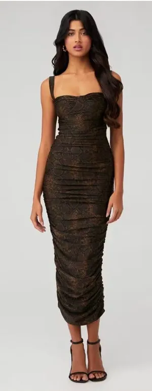 Good American Dress Womens Small Brown Animal Print Ruched Bodycon Maxi Party thumbnail 1