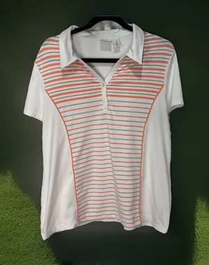Chico's Zenergy Polo Top Golf Pickleball UPF 50 Peach White Stripe 3 XL thumbnail 1
