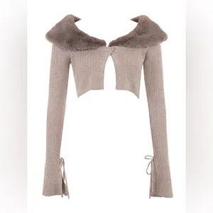 House of CB Fur Trim Knit Cashmere Crop Cardigan S - Camel / Dark Beige thumbnail 2
