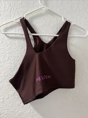 PELOTON Women's Chocolate Brown Asymmetric Cropped Sports Bra with Purple Logo thumbnail 5