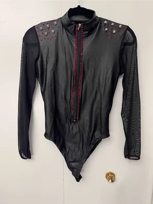 WEISSMAN Leather Zip Up Mesh Sleeves One Piece Bodysuit Jazz Dance Costume Sz S thumbnail 1