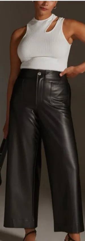 Anthropologie Maeve Colette Black Faux Leather Cropped Wide Leg Pants 30 thumbnail 2