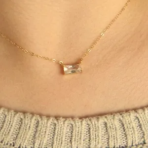 NEW Minimalist Gold Necklace with Simulated‎ Diamond Emerald Cut Pendant, 16-18” thumbnail 6