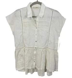 Lucky Brand White‎ Eyelet Peplum Babydoll Button Up Shirt Top Boho Cotton NWT thumbnail 1