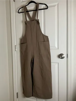 Miou Muse Taupe Linen-Blend Wide-Leg Overalls - Size M Women’s thumbnail 2