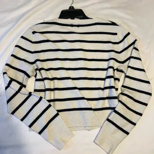 Classic Cream & Navy Blue Striped Cardigan Sweater thumbnail 2