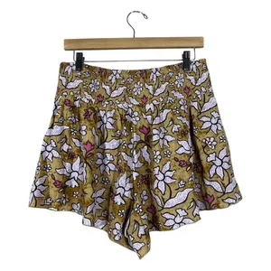 Aerie Smocked Floral Batik Shorts Mustard Yellow Boho High Rise Flowy Size L thumbnail 3