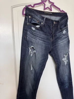Express Dark Blue Distressed Skinny Jeans Size 6 LONG thumbnail 4