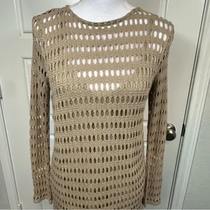 Zara Classic Open Knit Boho Crochet Lined Midi Length Dress in Tan Size Medium thumbnail 3