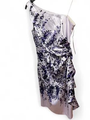 Maggy London One-Shoulder Satin Sheath Dress Floral Lavender Purple Size 8 thumbnail 3