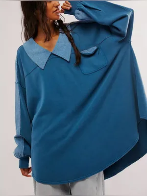 NWOT Free People Madeleine Sweatshirt - Moroccan Blue combo - Small thumbnail 1