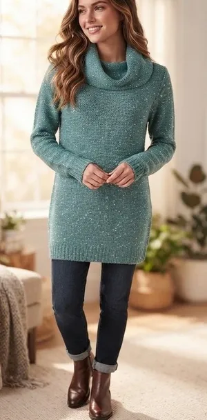 Molly Bracken‎ Teal Blue Cowl Neck Tunic Sweater Metallic Speckled L/XL LA499H20 thumbnail 1