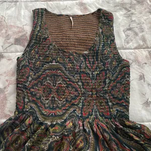 Free People brown floral smocked fit & flare lined blouse, size XS bohemian thumbnail 7