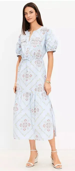 Loft Light Blue Floral Maxi Dress with Puff Sleeves thumbnail 1