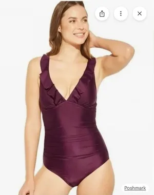 Kona Sol Deep Plum Ruffle V-Neck Shirred One-Piece Swimsuit | Size Large thumbnail 1