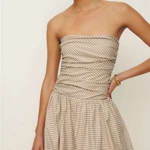 Reformation Clea Anzo Check Strapless Beige Gingham Bubble-Hem mini dress, 6 thumbnail 2